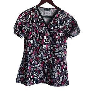 Cherokee‎ Women Scrub Top XS Black Geometric Medical Uniform Nurse Workwear